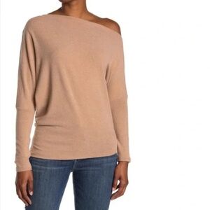 ASTR the Label Khaki Off the Shoulder Asymmetrical Soft Sweater, Size Small